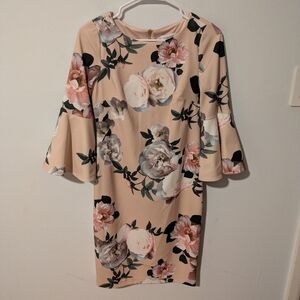 Calvin Klein Peach Pink Floral Bell Sleeve Sheath Dress Size 4